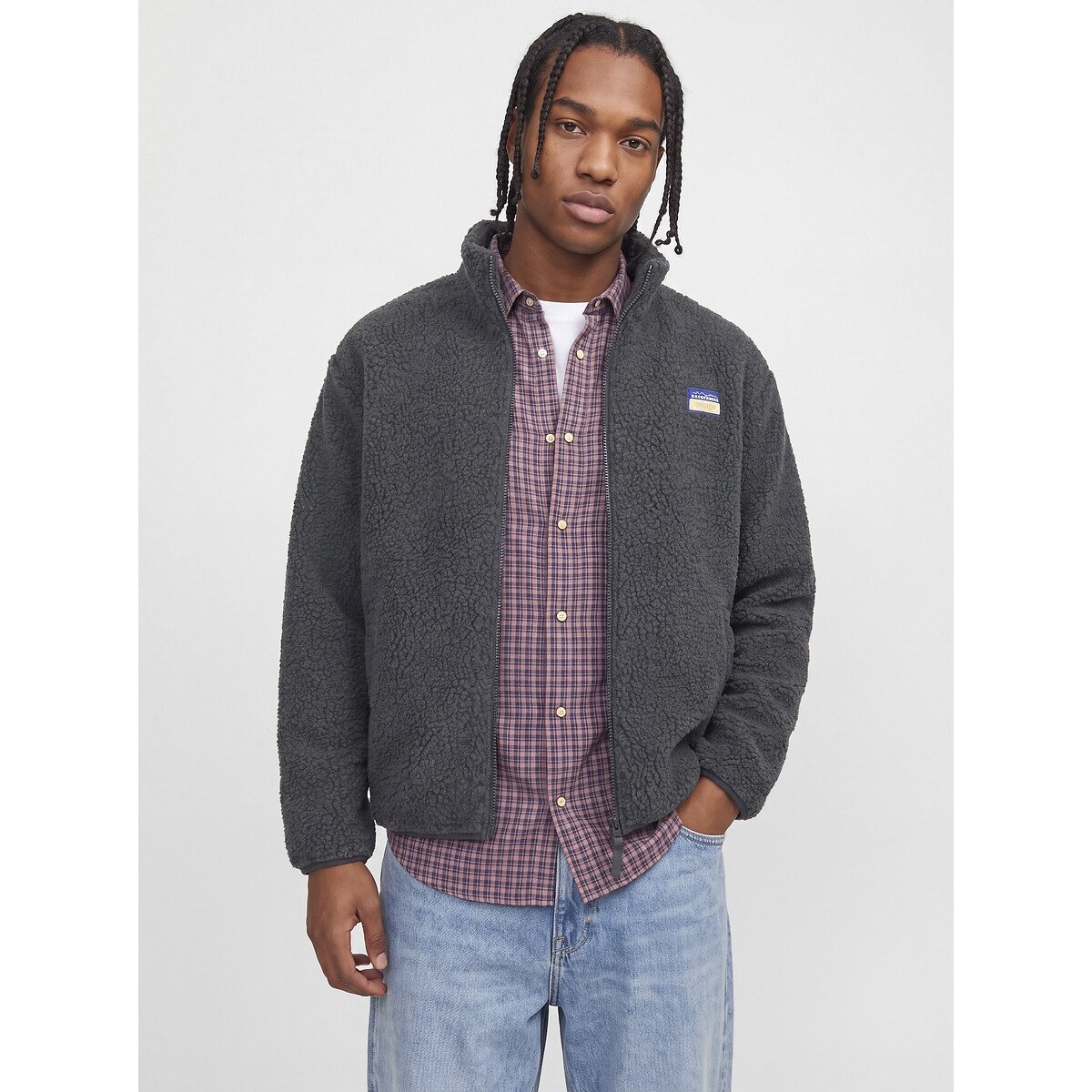 Veste en sherpa, col montant, zippée, POCKY gris asphalte, JACK & JONES