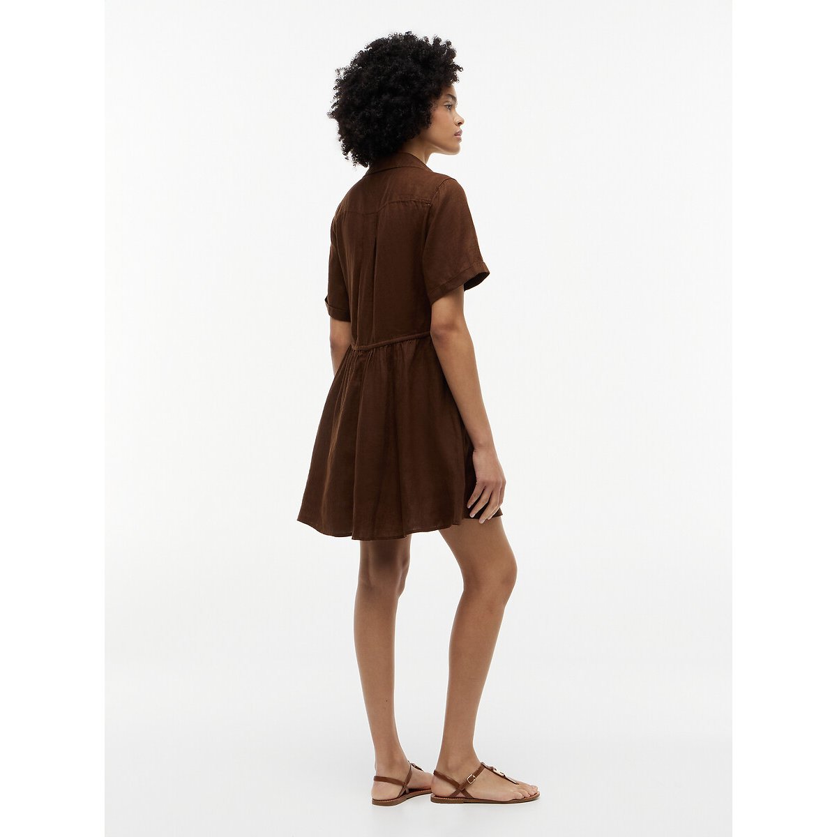 Robe courte en lin évasée manches courtes marron, TOMMY HILFIGER