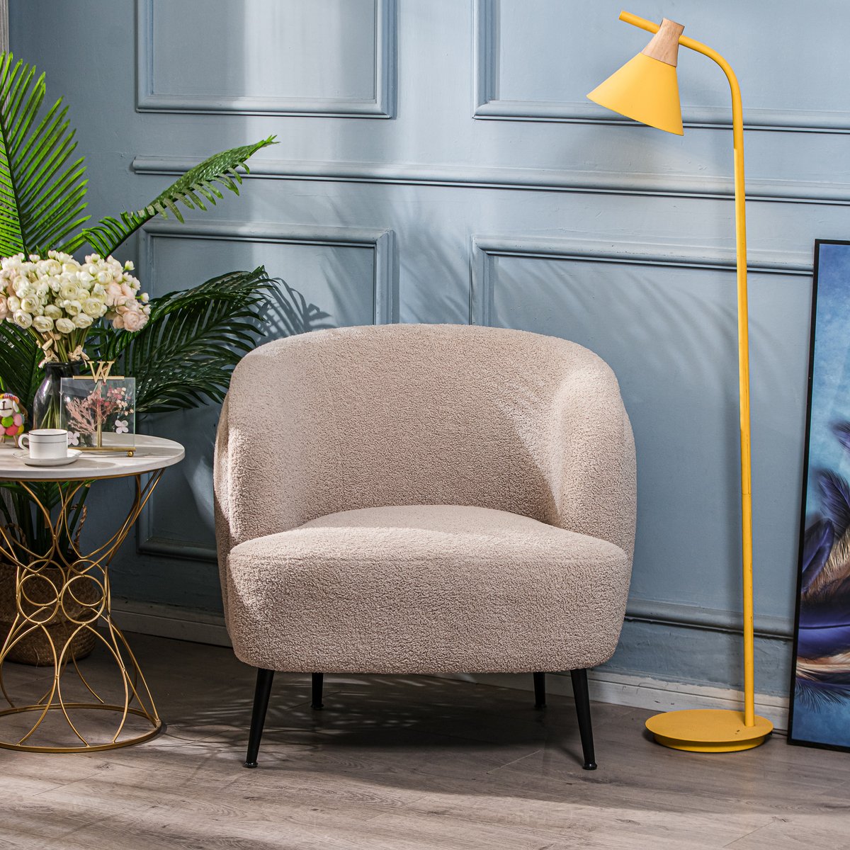 Fauteuil de salon, métal et bouclette, SVEN beige, NORDLYS