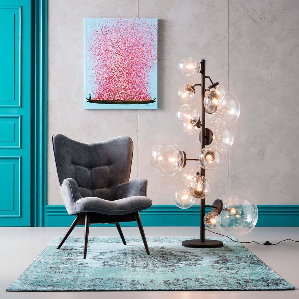 Tableau fleurs pirogue, TOUCHED bleu et rose, KARE DESIGN