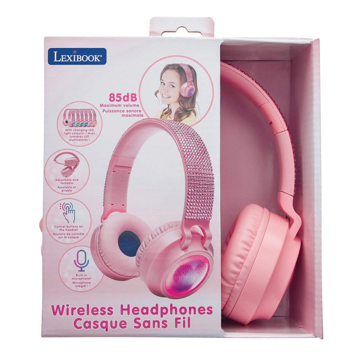 Casque lumineux pliable Bluetooth et filaire Girly avec limitation du volume rose, LEXIBOOK