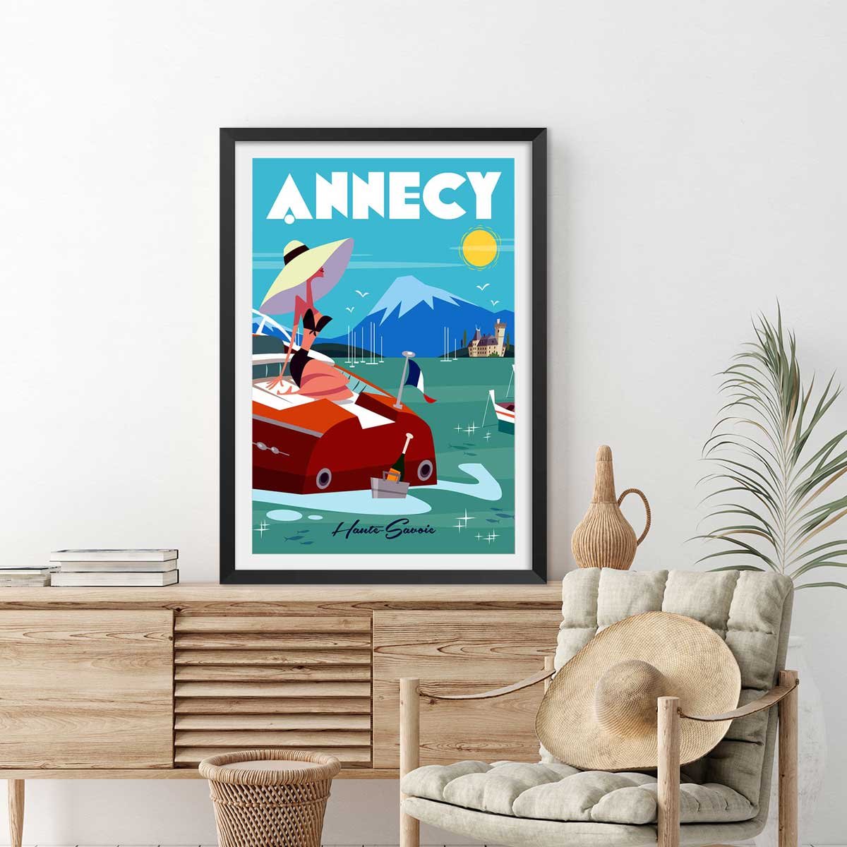 Poster de vedette du lac d' annecy affiche + cadre en bois - noir, HEXOA