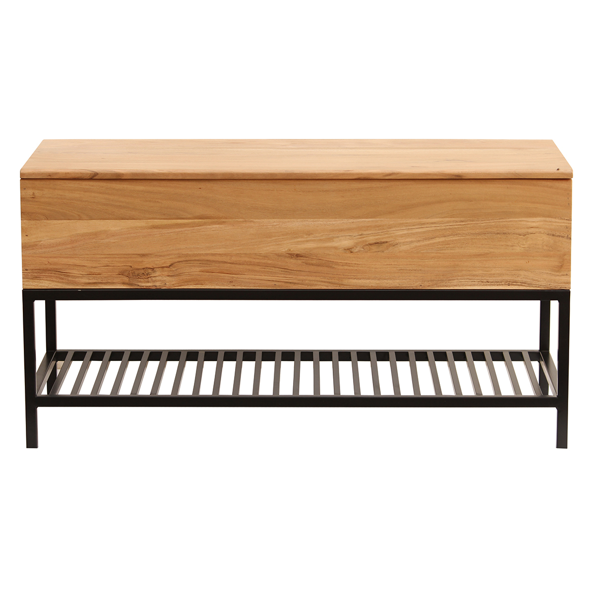 Banc d'entrée industriel avec coffre de rangement en bois massif et métal noir L100 cm SORG marron, MILIBOO