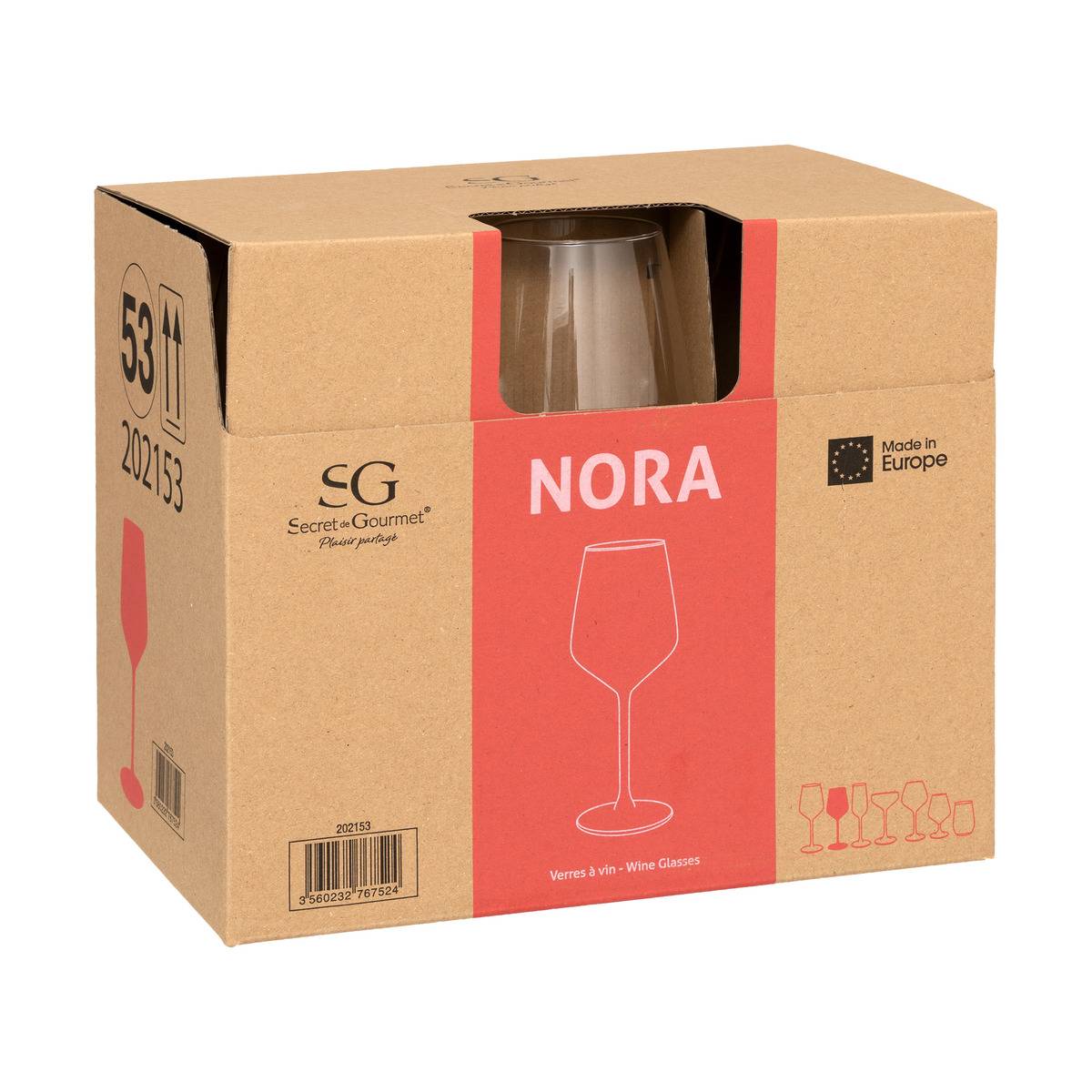 Lot de 6 verres à vin en verre 38 cl NORA transparent, SECRET DE GOURMET