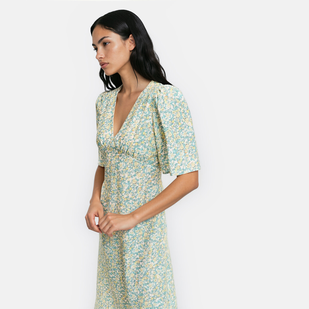 Robe midi col V manches courtes imprimé floral imprimé fleur multicolore, LA REDOUTE COLLECTIONS