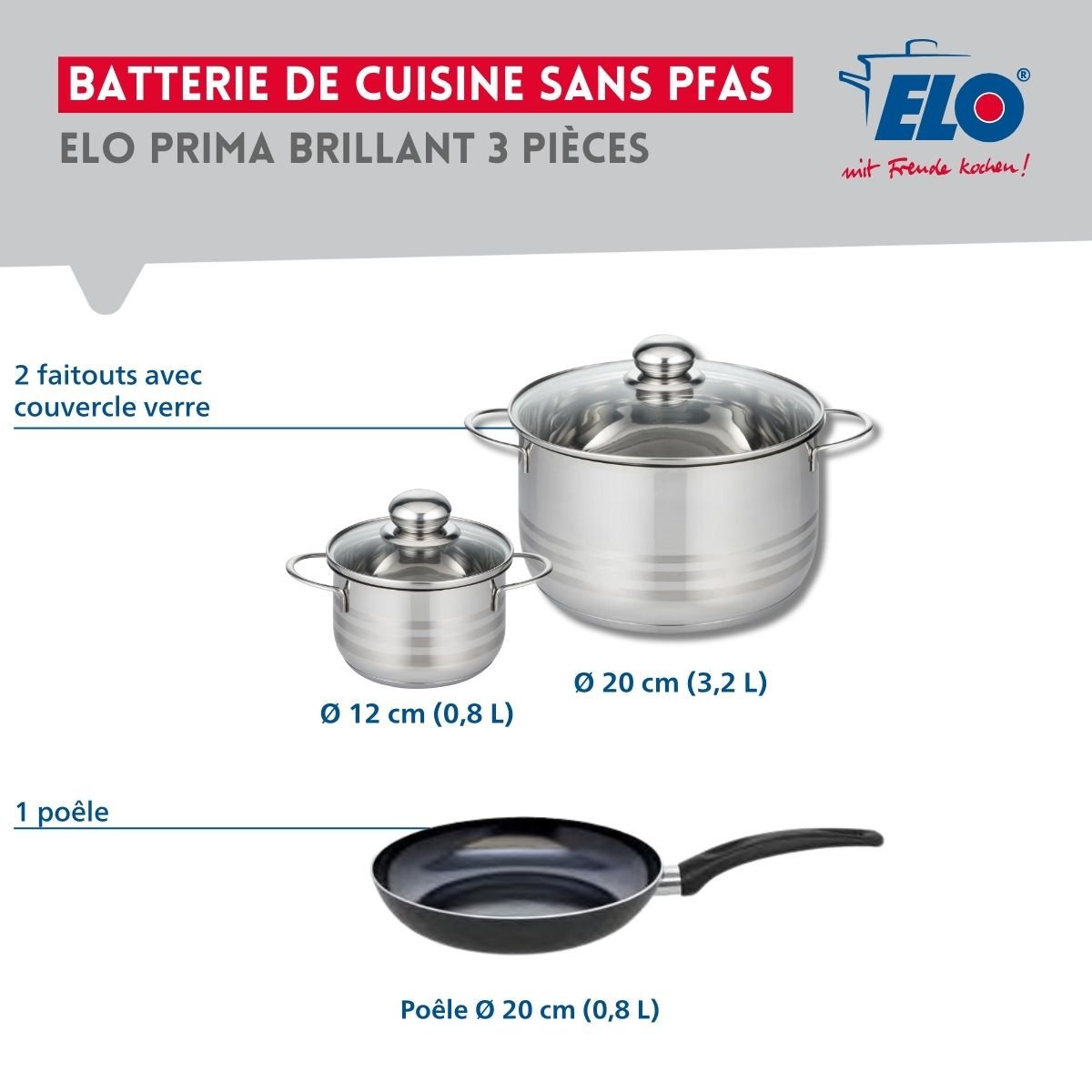 Batterie 1 poêle 20cm + 2 faitouts 12/20cm PRIMA BRILLANT noir, ELO