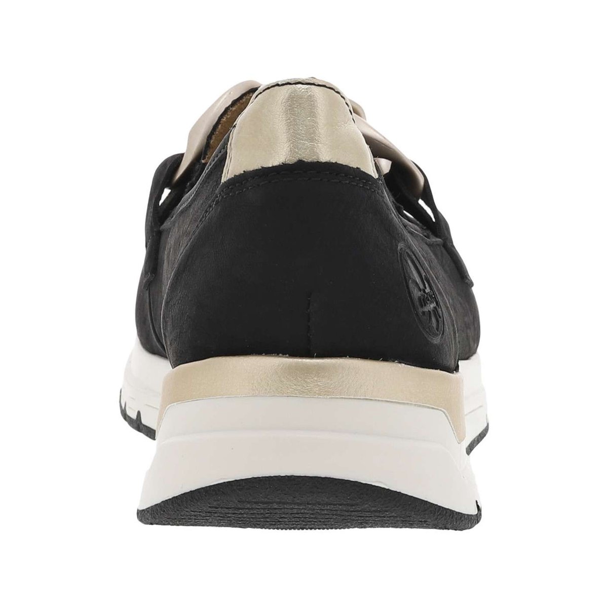 Mocassins noirs à talon plat avec empiècements dorés et chaîne bronze noir, RIEKER