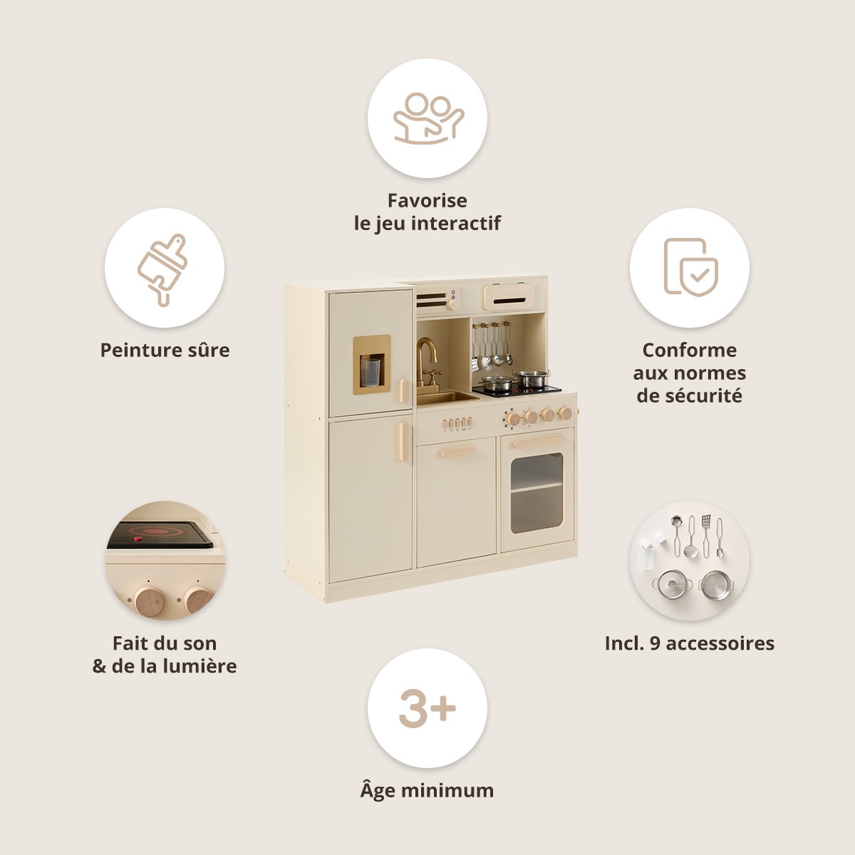 Cuisine en bois enfant XL «Noisette» – 9 accessoires incl. NOISETTE beige, PETITE AMELIE