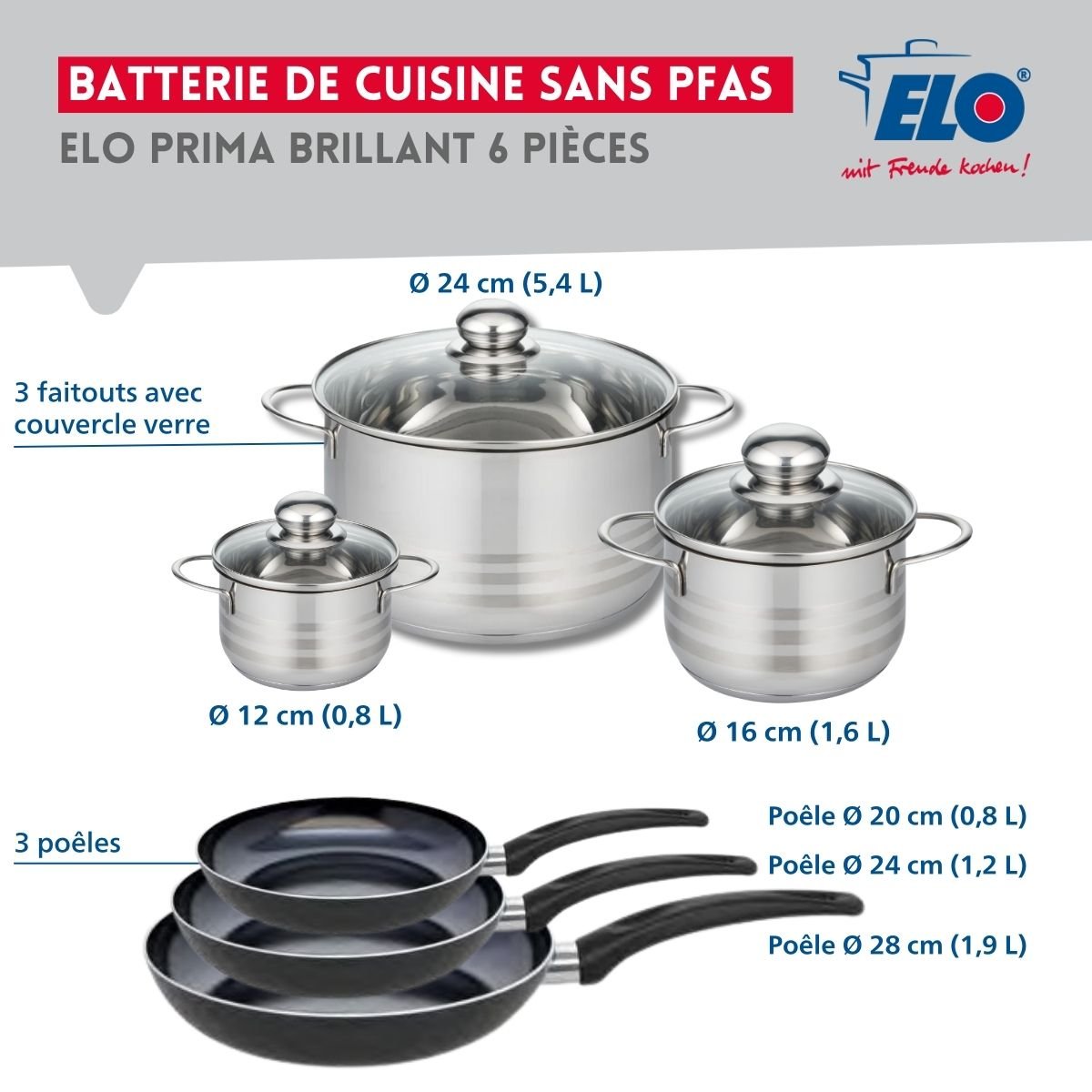 3 poêles 20/24/28cm + 3 faitouts 12/16/24cm PRIMA BRILLANT noir, ELO