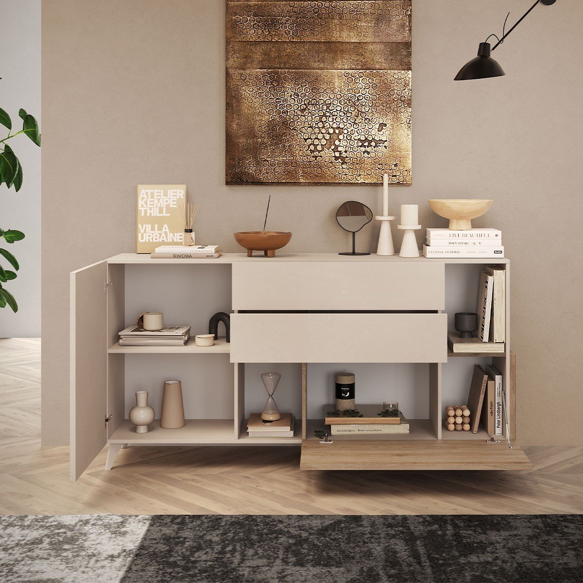 Buffet 2 portes, 2 tiroirs, 2 niches et 2 étagères L181 cm - MALA beige / chêne, CALICOSY