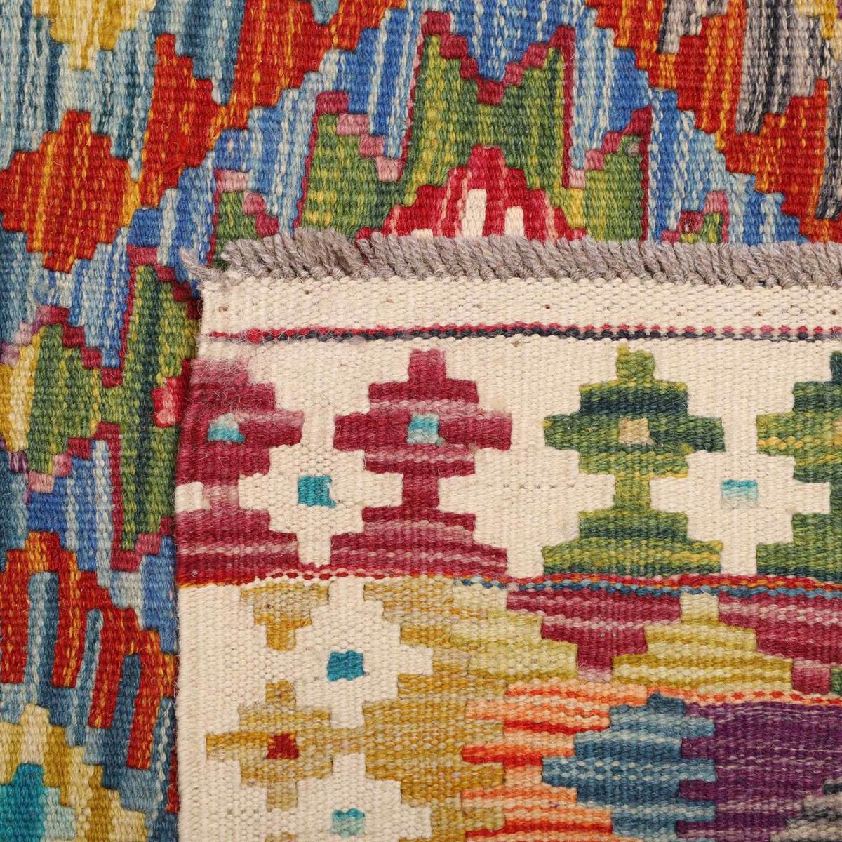 Tapis kilim à motif géométrique, tissé plat en laine, KILIM 27 multicolore, bleu, rouge, UN AMOUR DE TAPIS