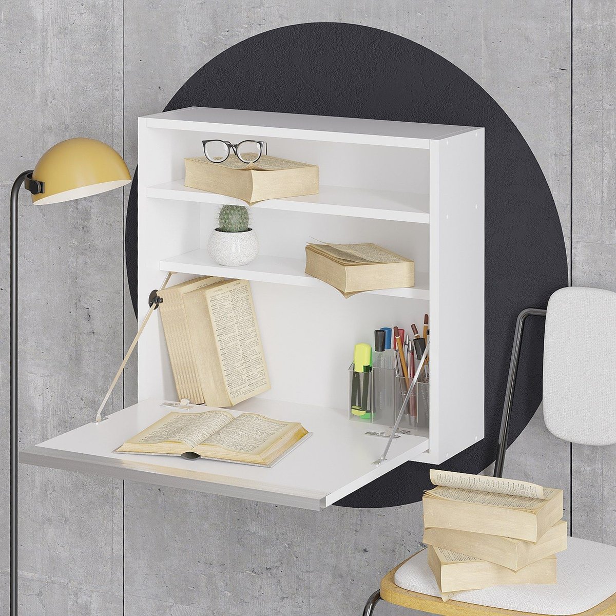 Bureau mural rabattable avec 2 étagères intégrées TULUM blanc, TOILINUX
