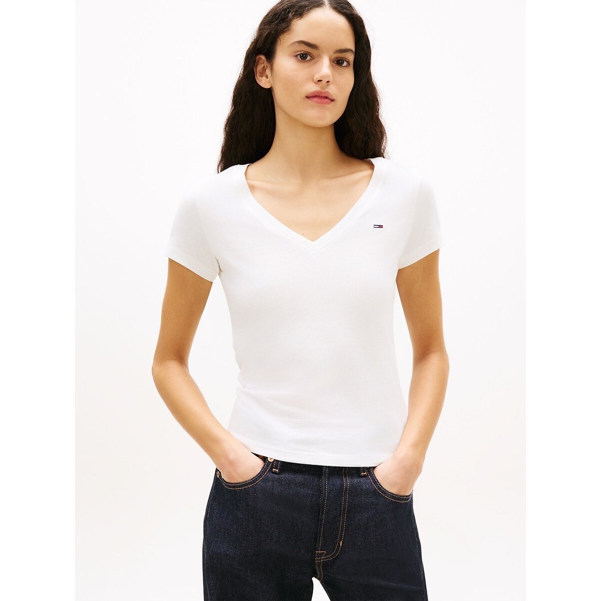 T-shirt col V, manches courtes ecru, TOMMY JEANS