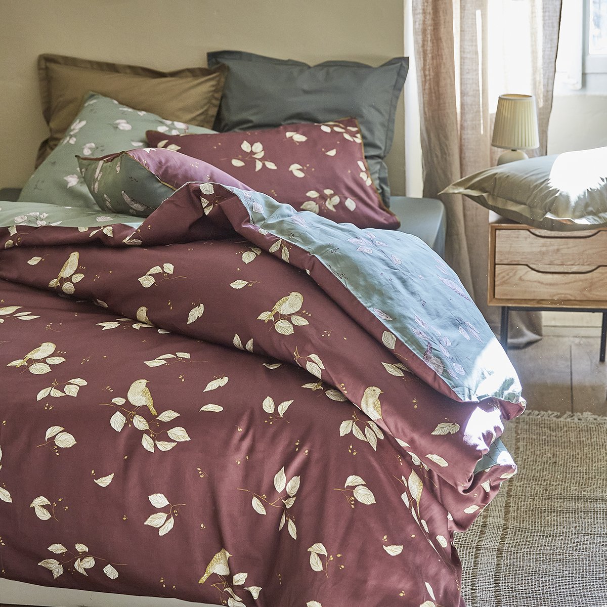 Housse de couette imprimée ENTRE LES BRANCHES aubergine, SYLVIE THIRIEZ