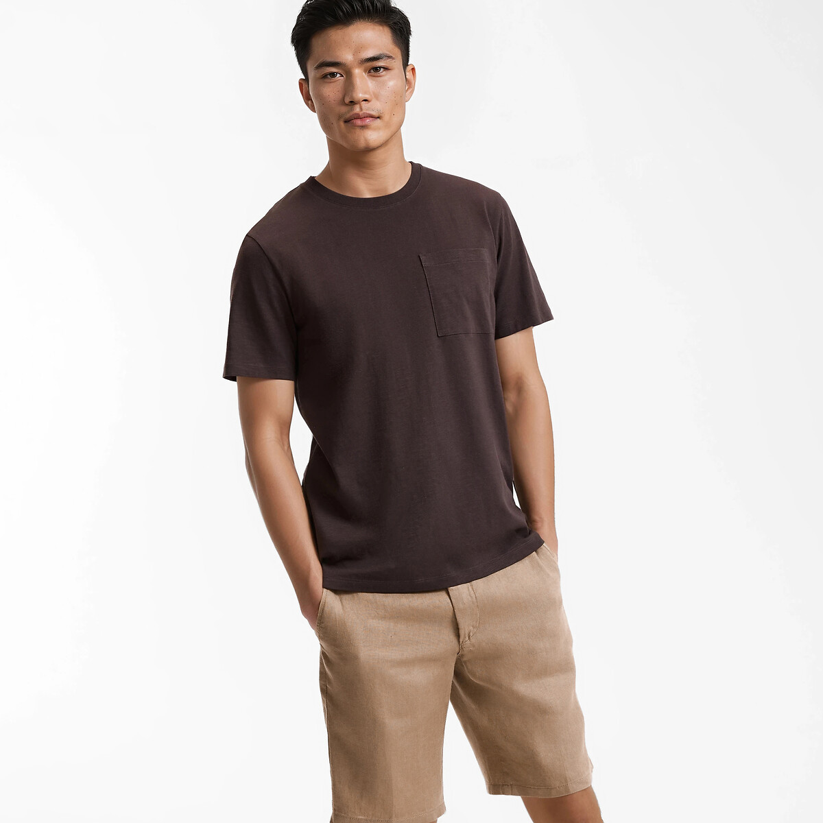 T-shirt col rond, fit regular, en coton slub marron, LA REDOUTE COLLECTIONS