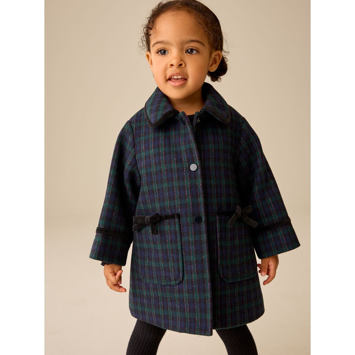 Manteau en laine mélangée à nœuds bleu marine à carreaux, NEXT