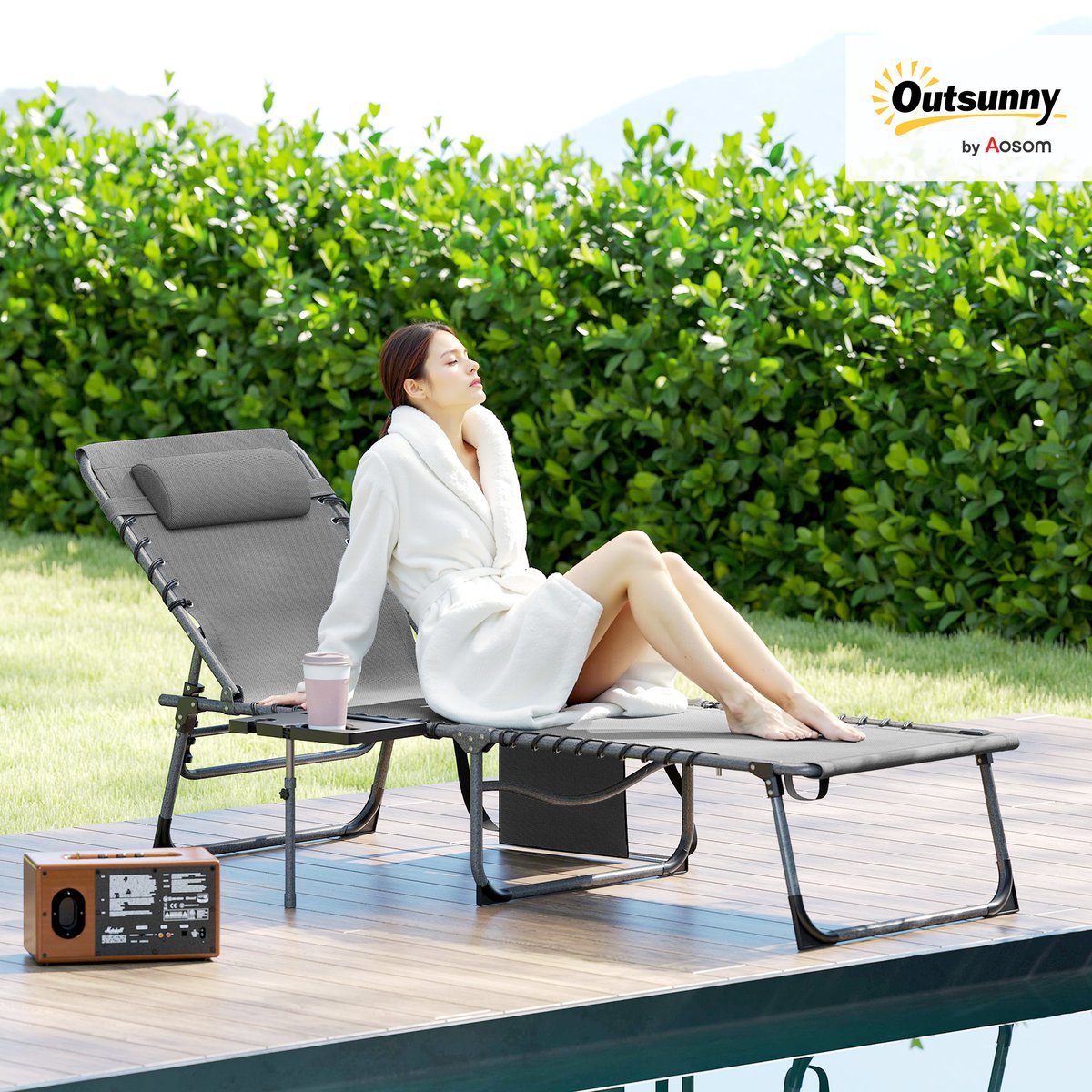 Chaise longue Tissu Oxford Gris gris, OUTSUNNY