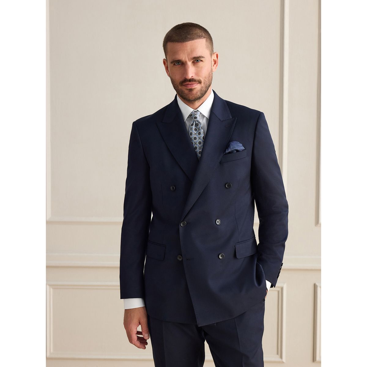 Veste de costume ajustée croisée laine signature bleu marine, NEXT