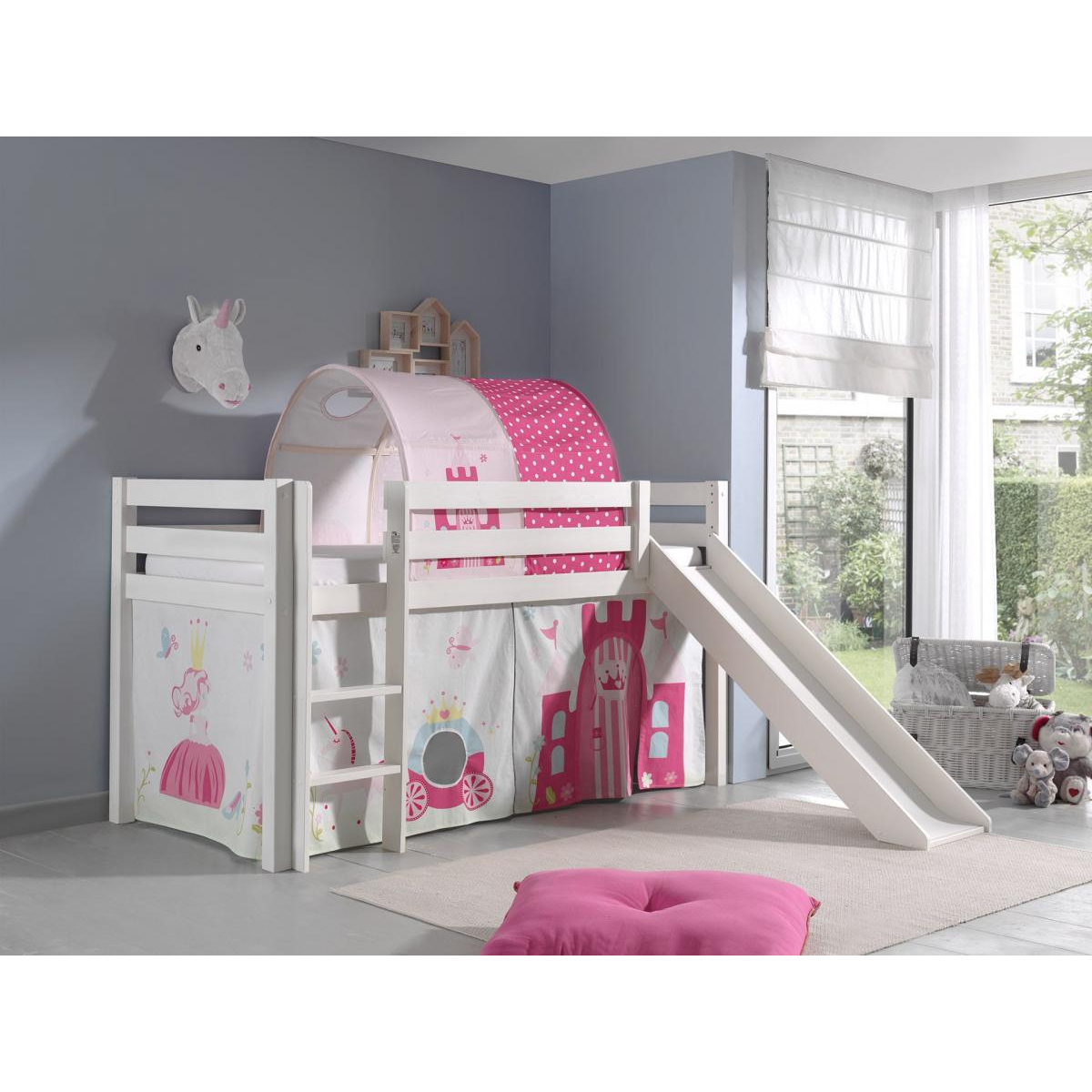 PINO Lit mezzanine avec toboggan + Princess rideau et tunnel de lit + 3 pochettes couleur unique, VIPACK