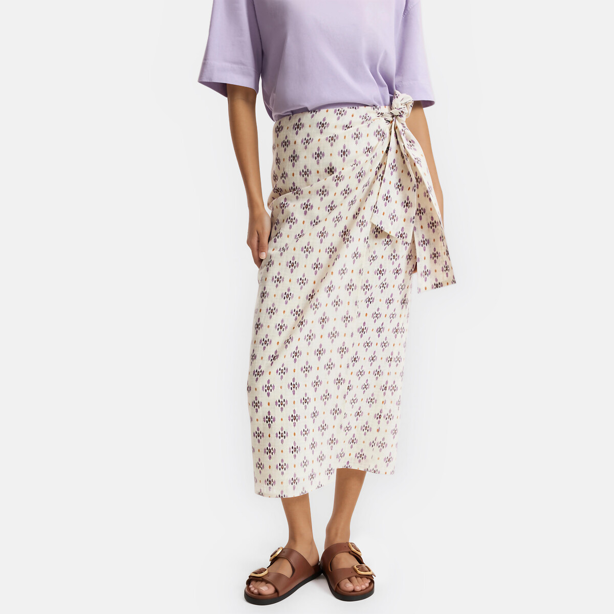 Jupe portefeuille midi imprimée à nouer imprimé mauve, LA REDOUTE COLLECTIONS