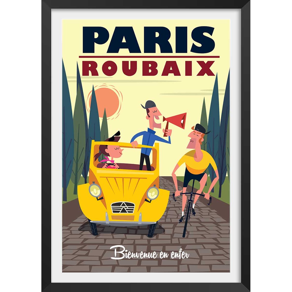 Affiche Course Paris - Roubaix affiche + cadre en bois - noir, HEXOA