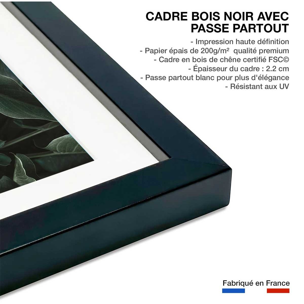 Affiche green leaves affiche + cadre en bois - noir, HEXOA