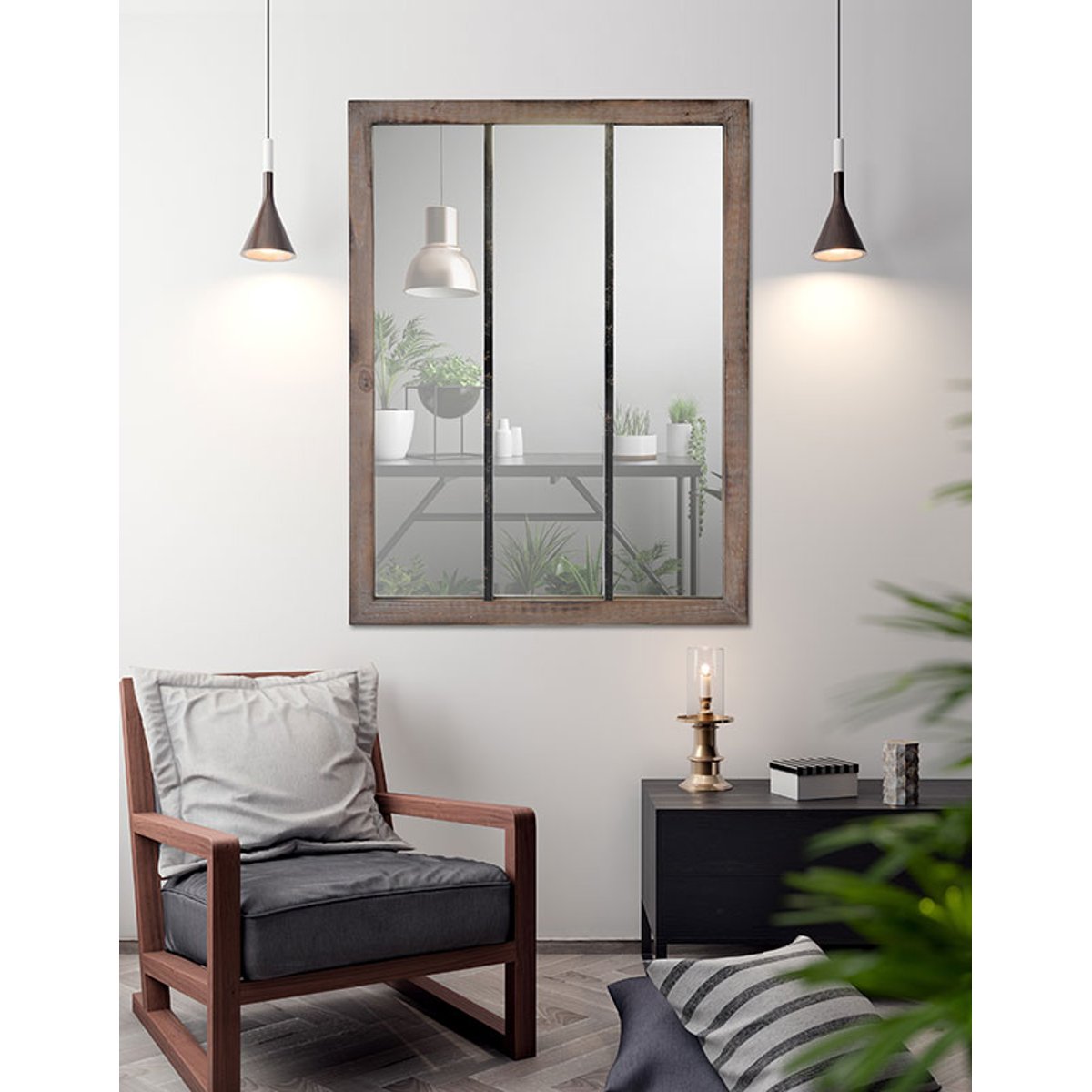 Miroir industriel 3 bandes en bois et métal rouillé 85x113cm marron, EMDE
