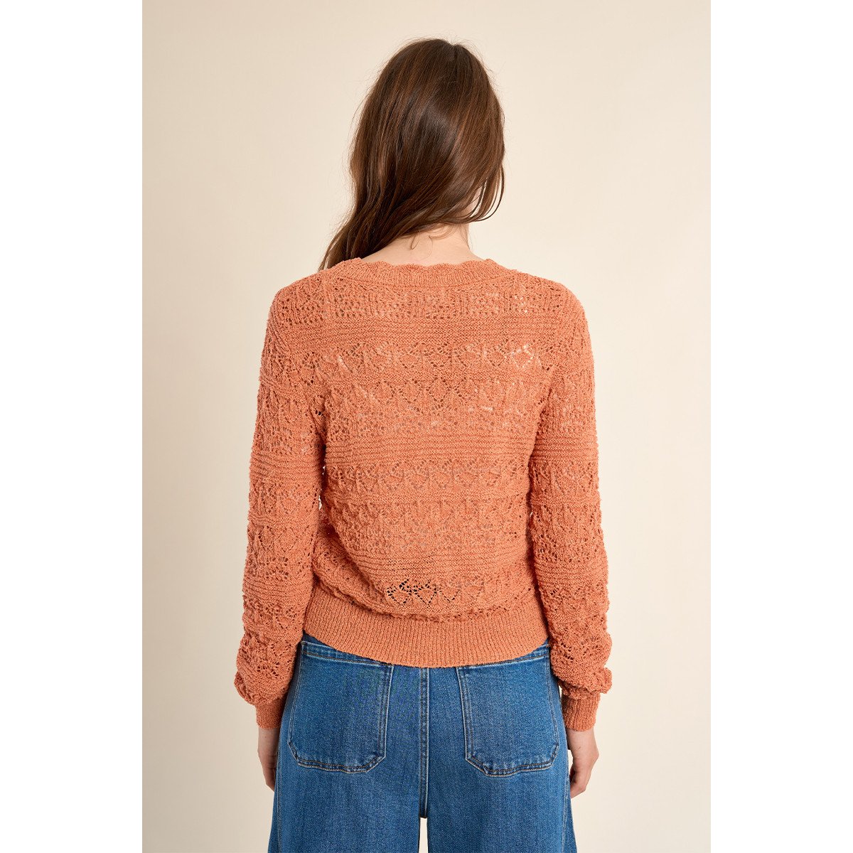 Cardigan en maille ajourée, col V apricot, MOLLY BRACKEN