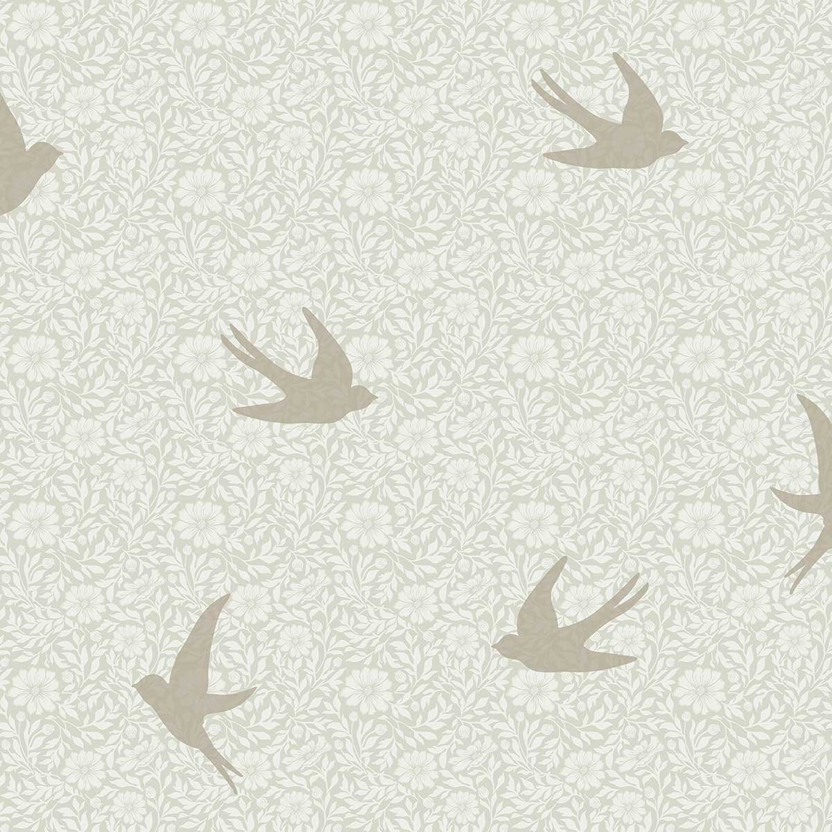 Papier peint hirondelles florales fond lin clair beige, HEXOA