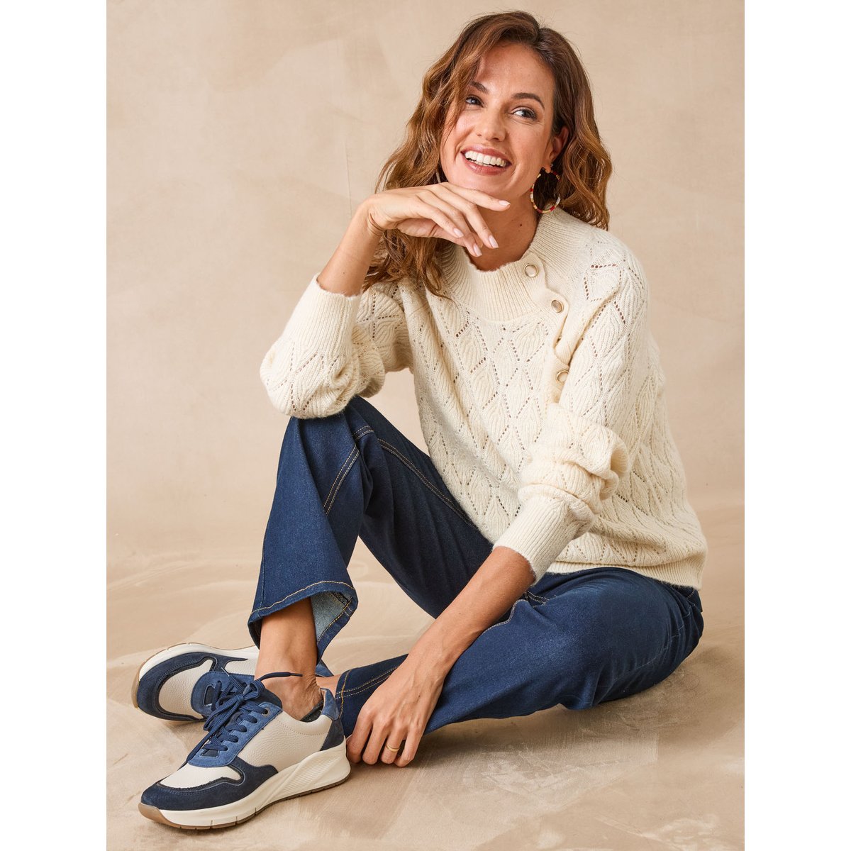 Pull col montant maille fantaisie ecru, DAXON
