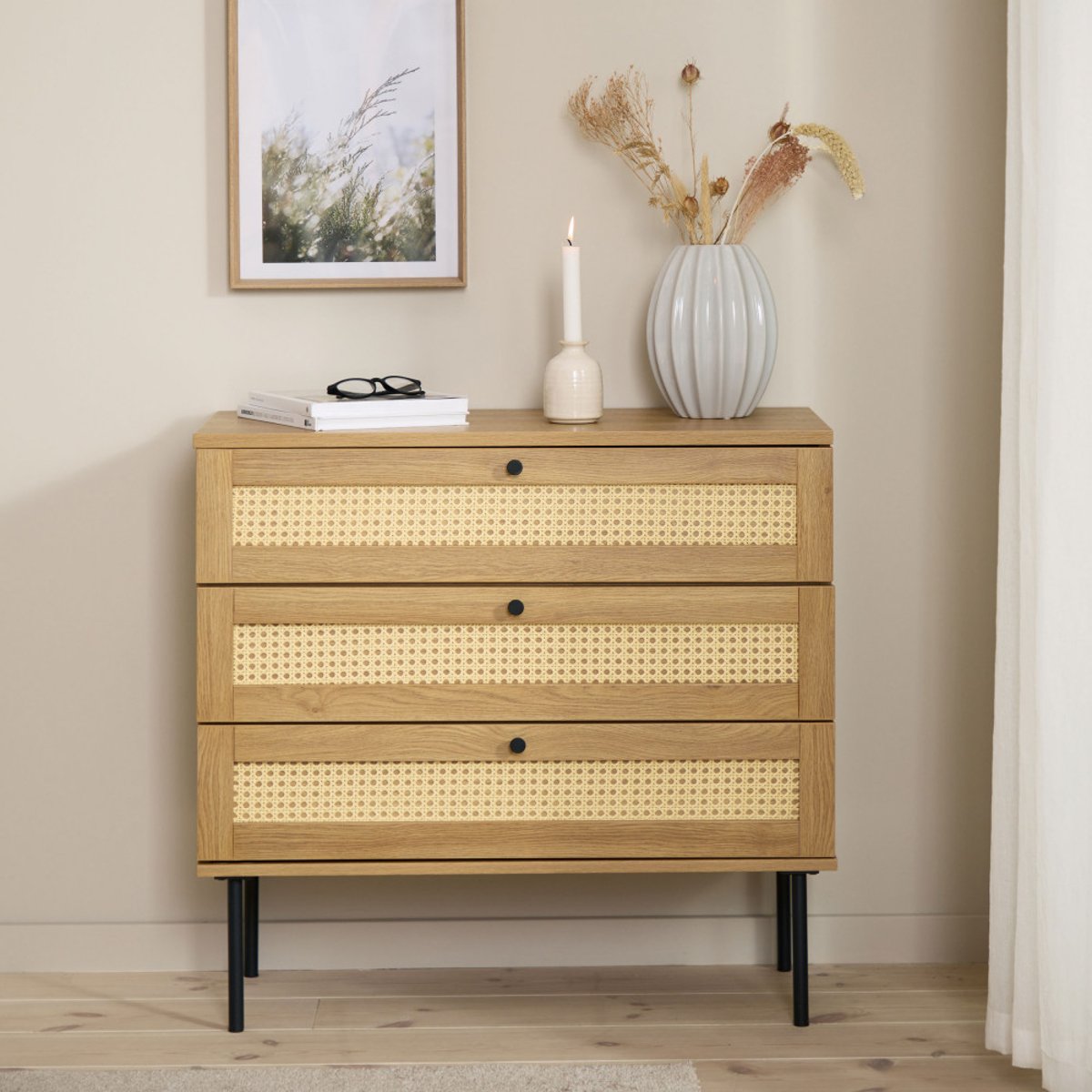 Commode 3 tiroirs en bois et métal L80cm- RINTO bois clair, DRAWER