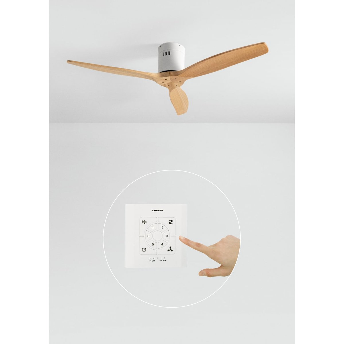 Ventilateur de plafond 40W sans lumière avec contrôleur mural WIND CALM NATURAL WOOD blanc/bois clair, CREATE