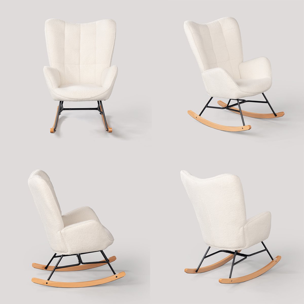 Fauteuil à bascule rocking chair style scandinave pieds en hêtre en tissu bouclette, FUNKEL blanc, MEUBLES COSY