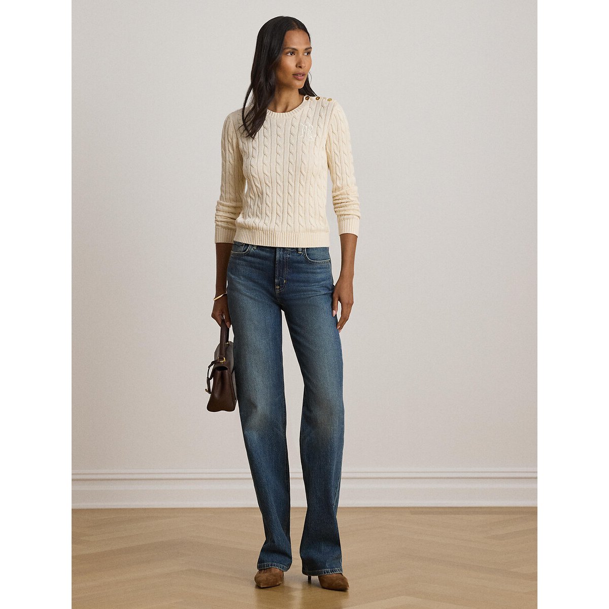 Pull col rond torsadé à boutons épaules crème, LAUREN RALPH LAUREN
