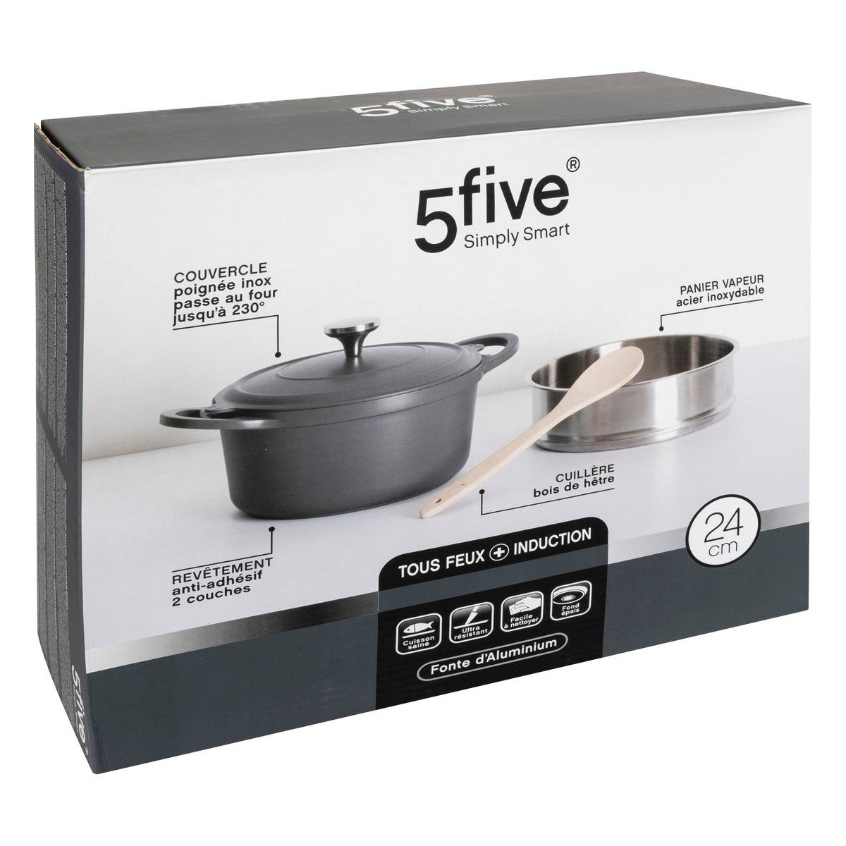Cocotte 24cm en fonte d'aluminium avec panier vapeur ALURO gris clair, 5FIVE SIMPLY SMART