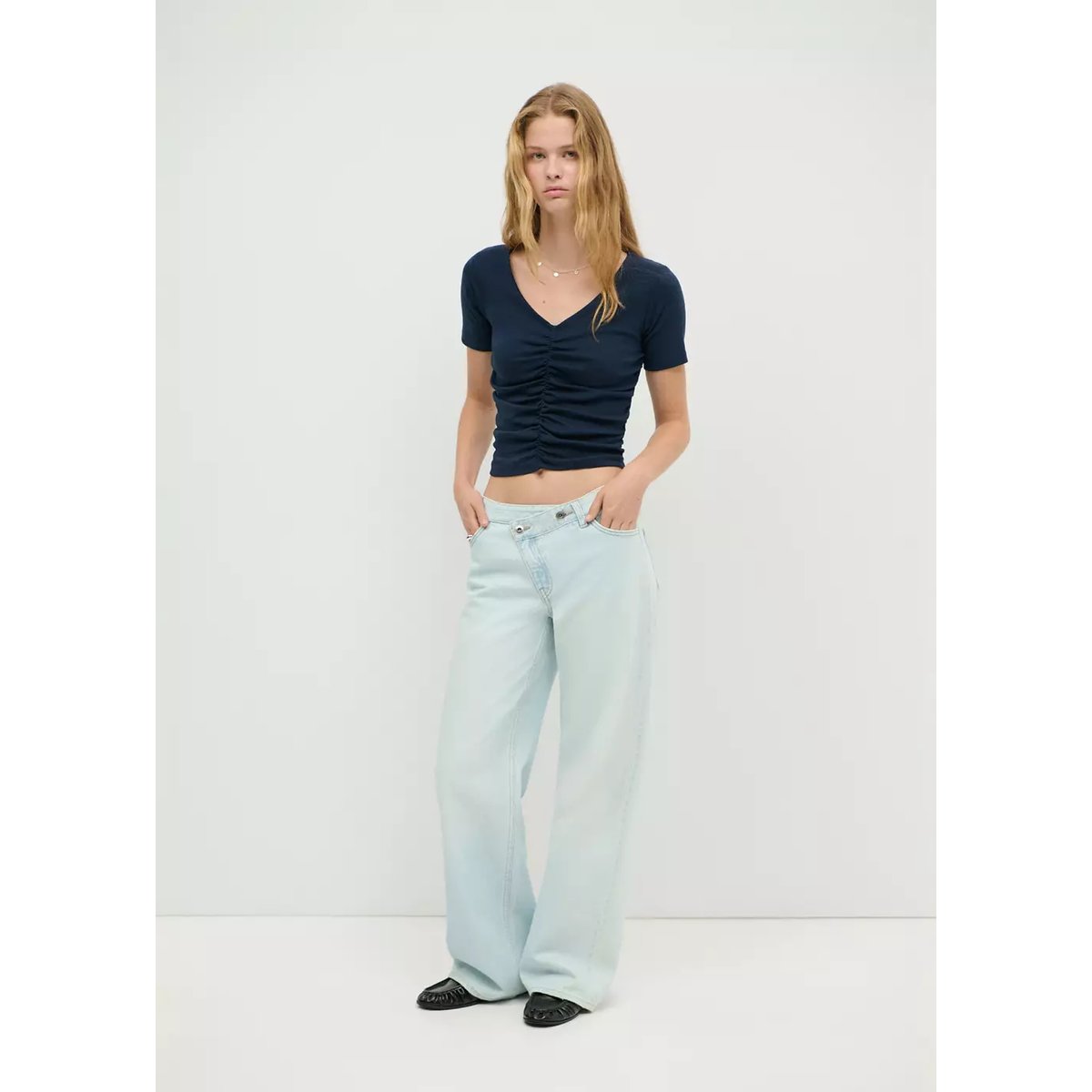 T-shirt coton drapé bleu marine, MANGO TEEN