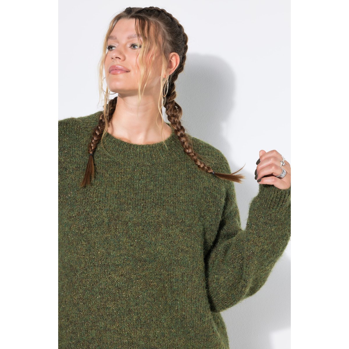 Pull oversize, maille chinée, aspect pailleté kaki foncé, STUDIO UNTOLD