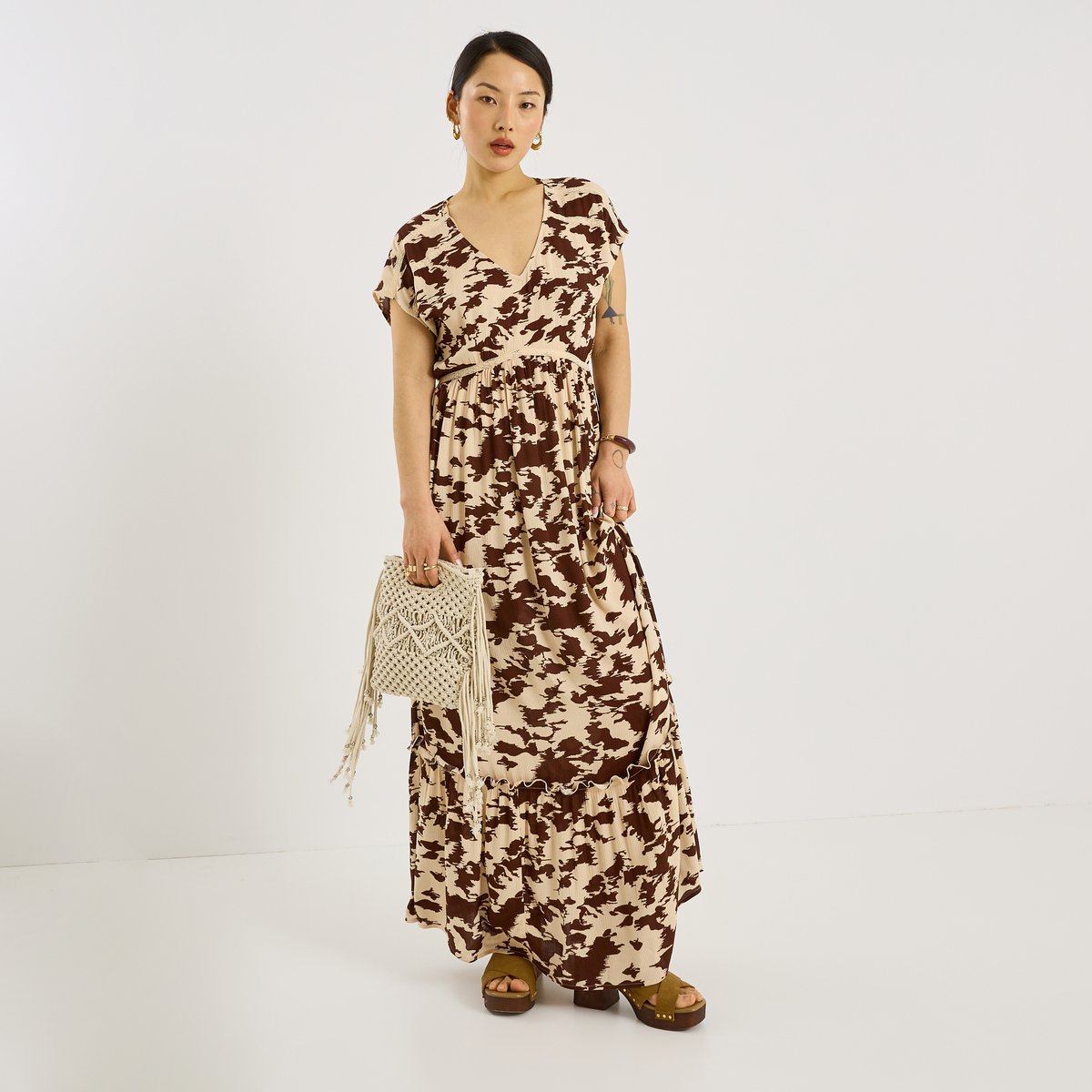 Robe longue fluide imprimé vache beige, GRAIN DE MALICE