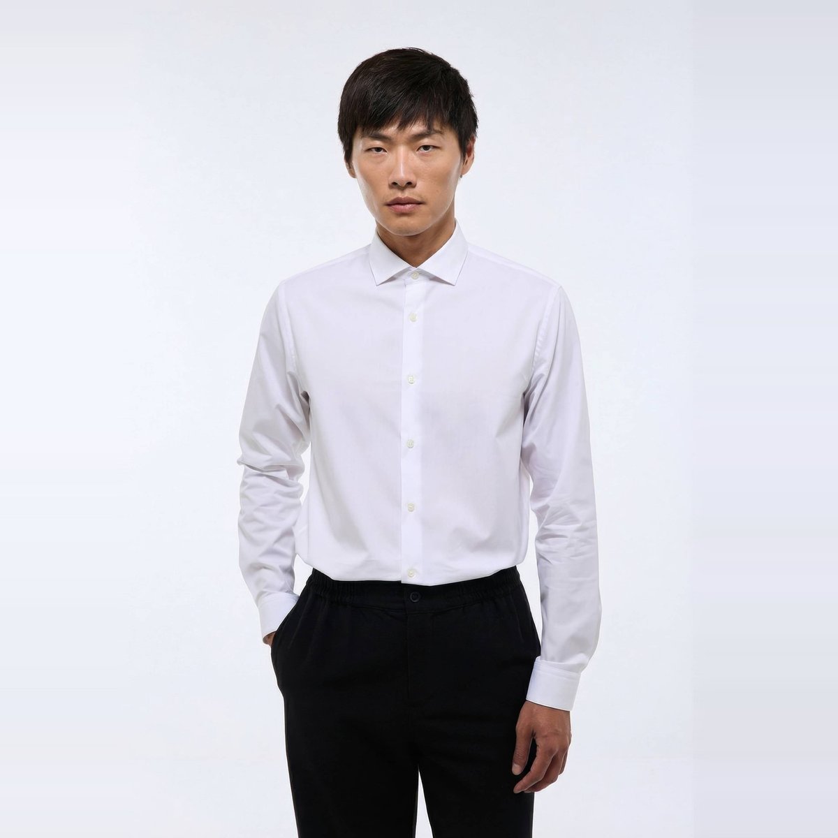 Chemise ville double retors col italien en coton blanc, MONOPRIX