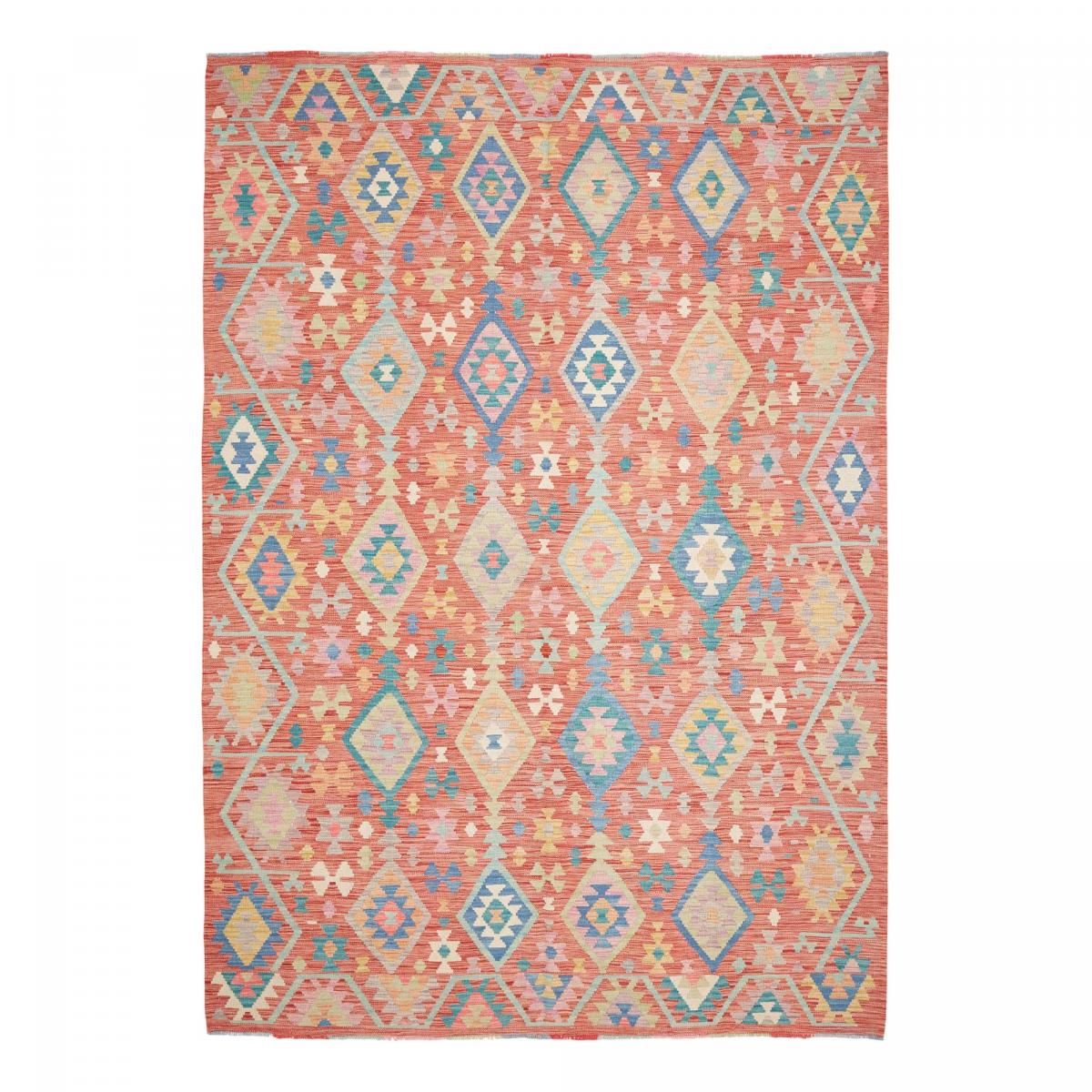 Tapis kilim, motif géométrique tissé plat en laine, KILIM 53 rouge, bleu, jaune, UN AMOUR DE TAPIS