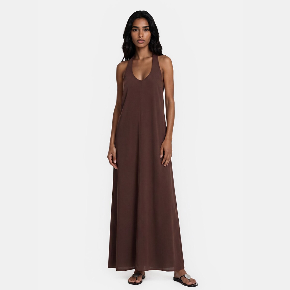 Robe longue évasée col V sans manches marron, LA REDOUTE COLLECTIONS