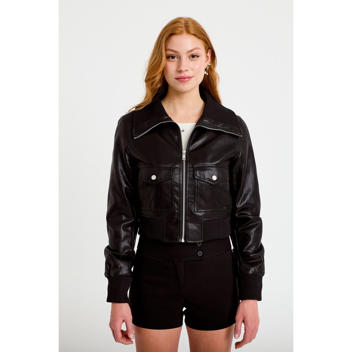 Bomber ajusté cropped similicuir noir, CACHE CACHE