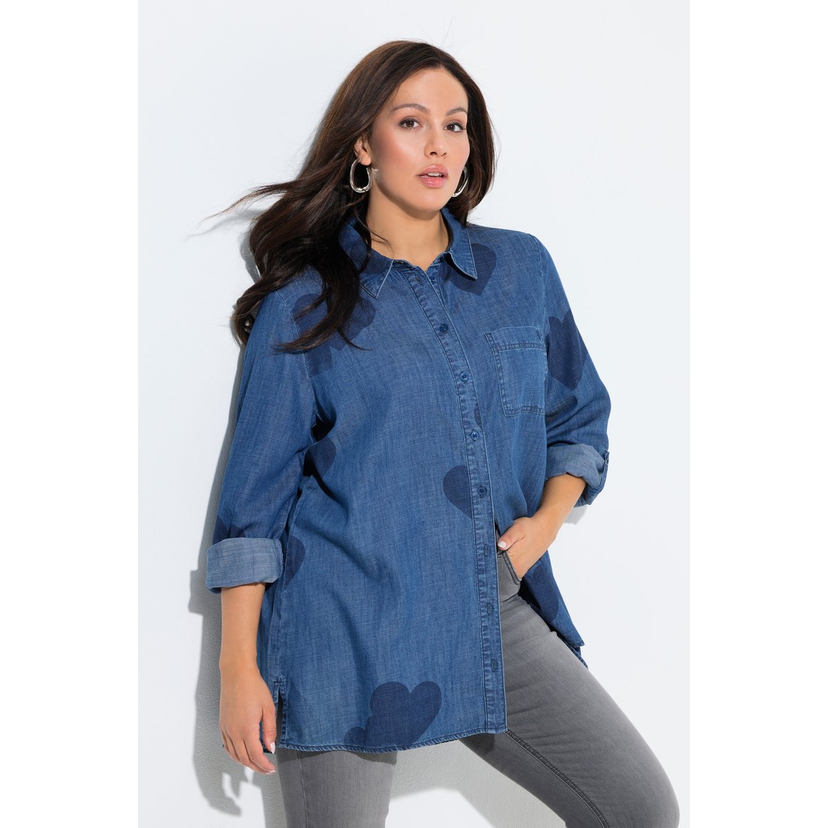 Chemisier en jean avec cœurs imprimés bleu jean, ULLA POPKEN