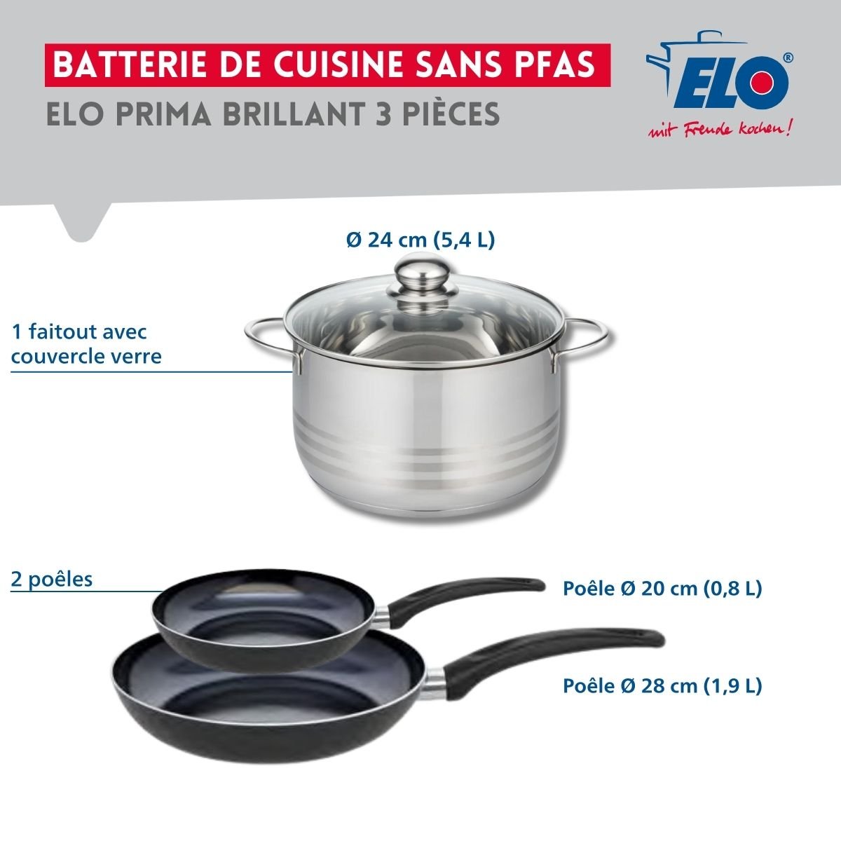 Batterie 2 poêles 20/28cm + 1 faitout 24cm PRIMA BRILLANT noir, ELO
