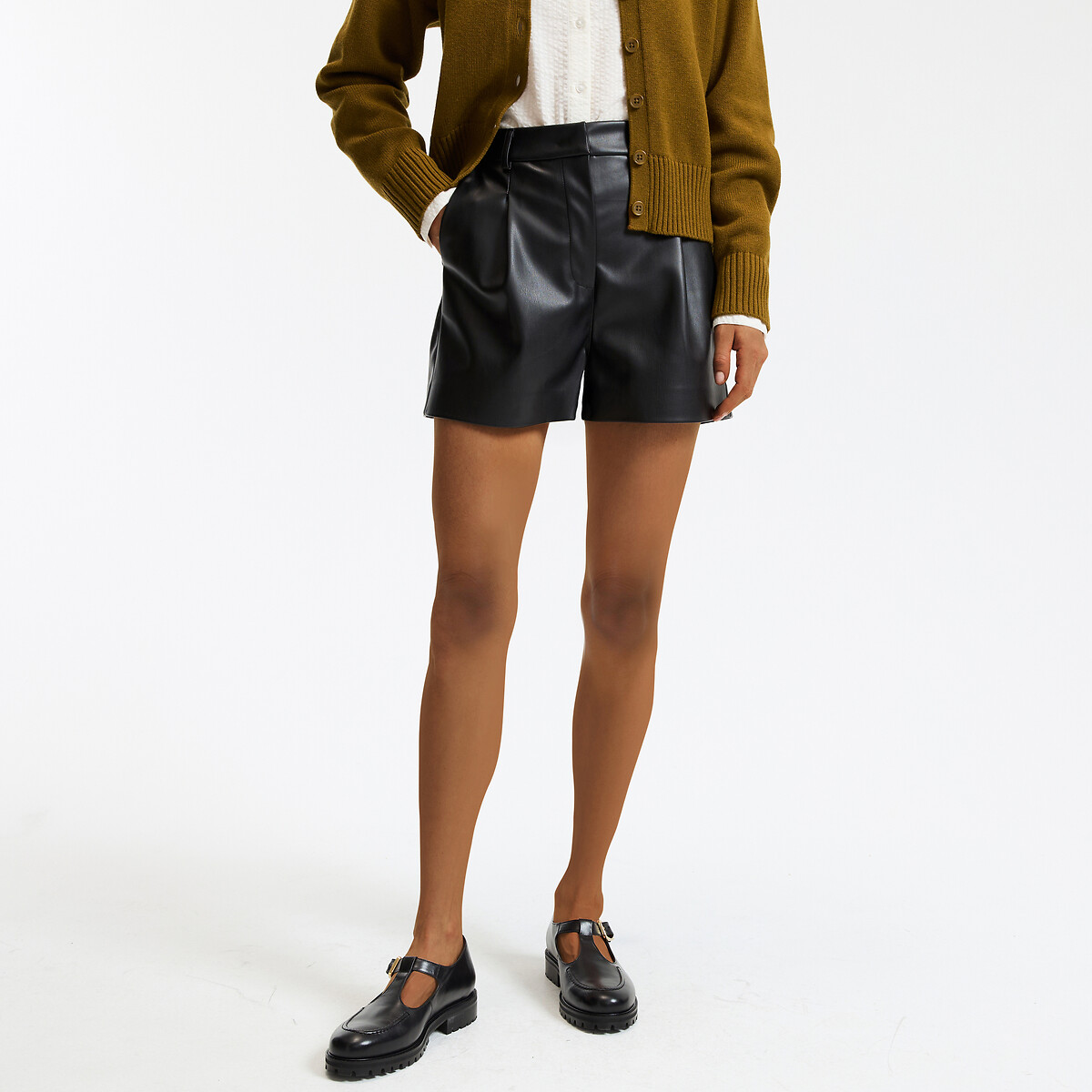 Short à pinces en simili polyester noir, LA REDOUTE COLLECTIONS