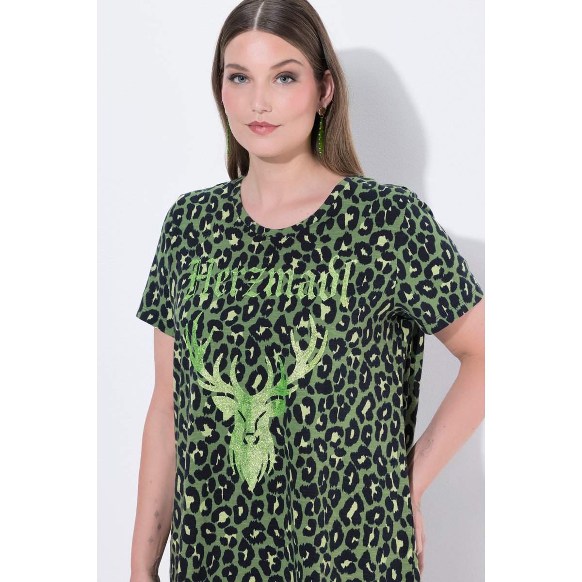 T-shirt, motif léopard, col rond olive, ULLA POPKEN
