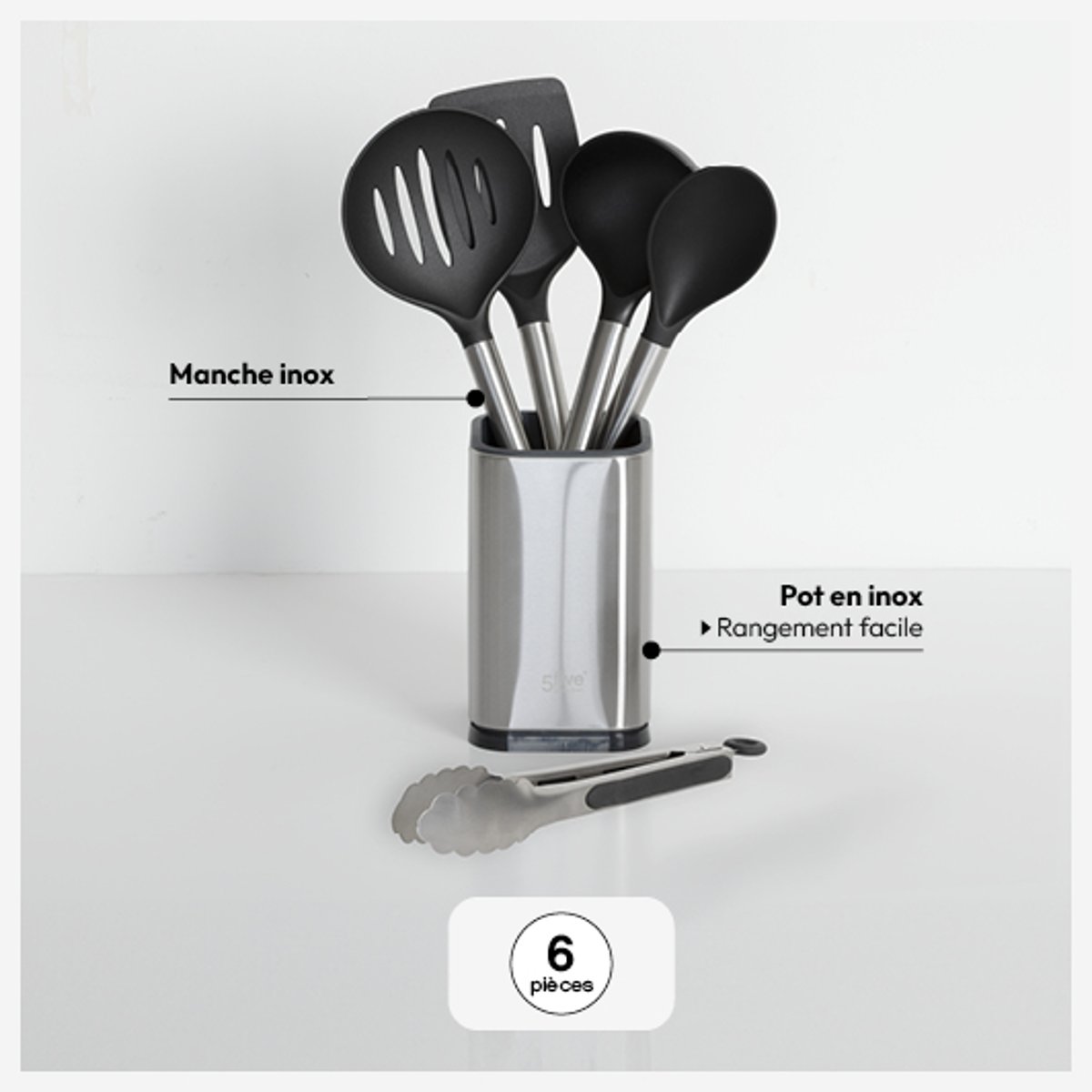 Lot de 5 ustensiles et 1 pot de rangement ESSENTIELS argent, 5FIVE SIMPLY SMART