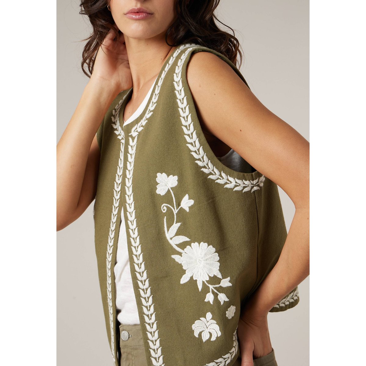 Gilet sans manches femme bohème 100% coton FLORIA khaki, DEELUXE