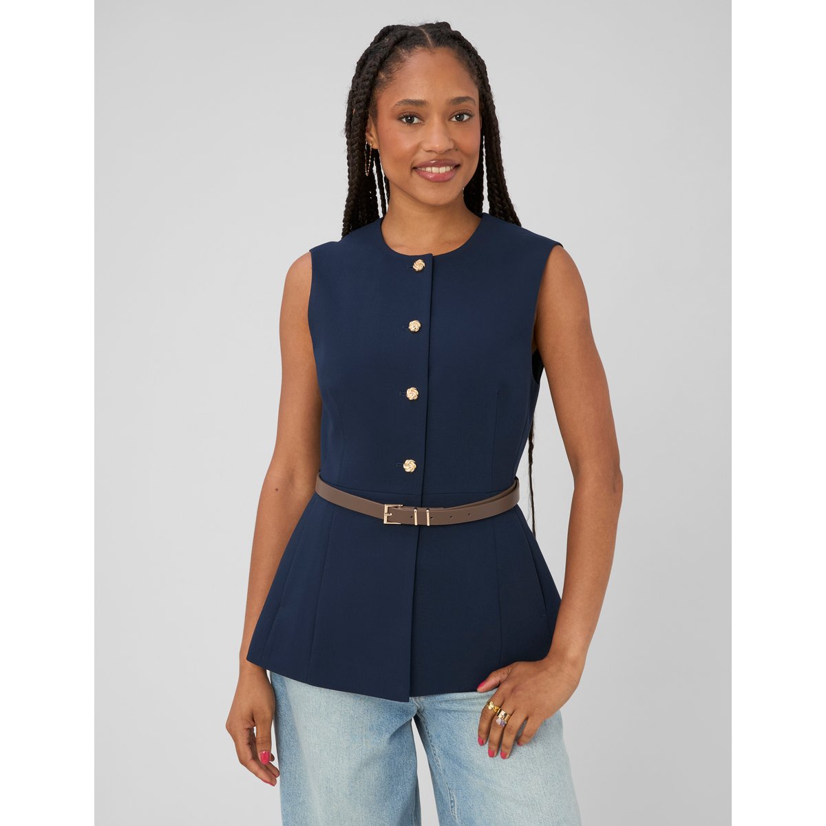 Gilet sans manches ceinturé bleu foncé, BZB