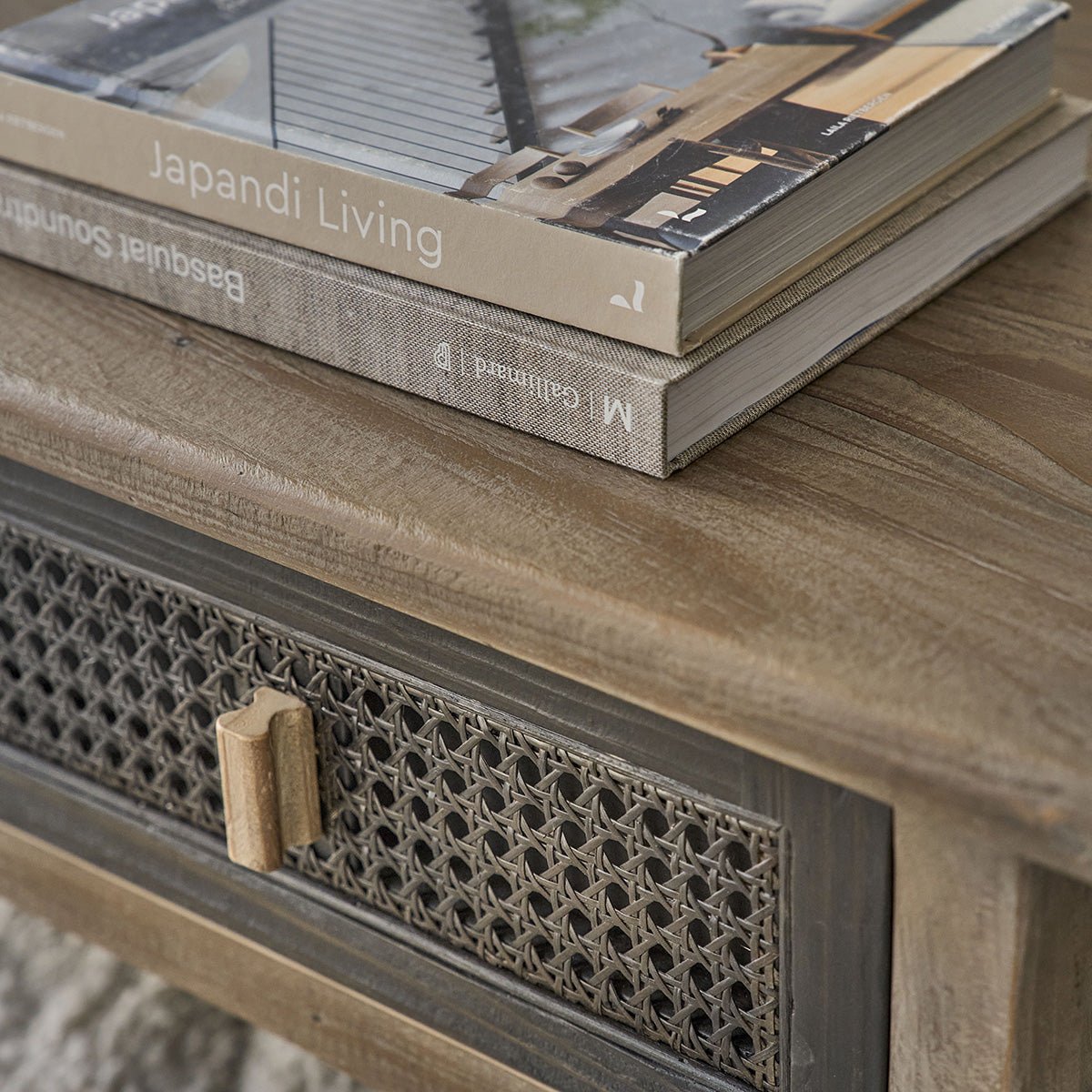 Table basse en bois recyclé massif 110 cm 2 tiroirs JUNKO gris, BERAH GETAH